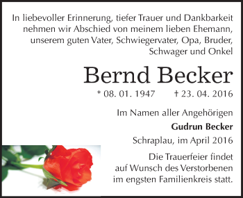 Traueranzeige von Bernd Becker von Mitteldeutsche Zeitung Merseburg/Querfurt