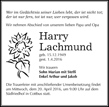Traueranzeige von Harry Lachmund von Mitteldeutsche Zeitung Quedlinburg