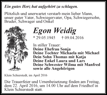 Traueranzeige von Egon Weidig von Super Sonntag Aschersleben
