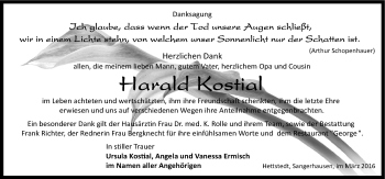 Traueranzeige von Harald Kostial von Mitteldeutsche Zeitung Sangerhausen
