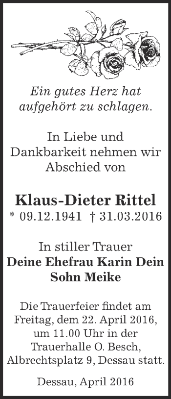 Traueranzeige von Klaus-Dieter Rittel von WVG - Wochenspiegel Dessau / Köthen