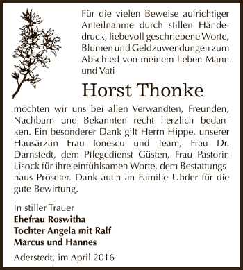 Traueranzeige von Horst Thonke von Super Sonntag Bernburg