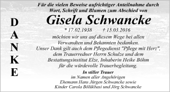 Traueranzeige von Gisela Schwancke von Mitteldeutsche Zeitung Dessau-Roßlau