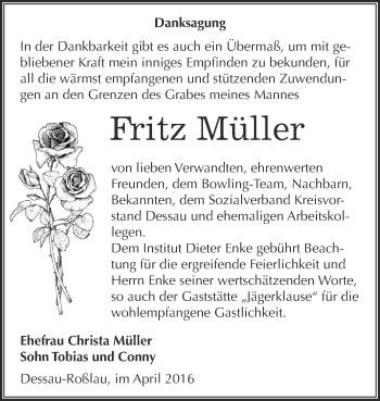 Traueranzeige von Fritz Müller von WVG - Wochenspiegel Dessau / Köthen