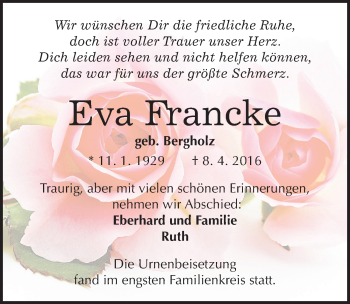 Traueranzeige von Eva Francke von Mitteldeutsche Zeitung Halle/Saalkreis