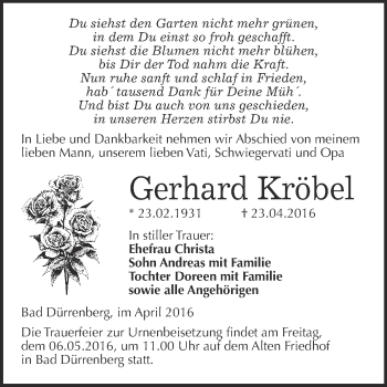 Traueranzeige von Gerhard Kröbel von Super Sonntag Merseburg