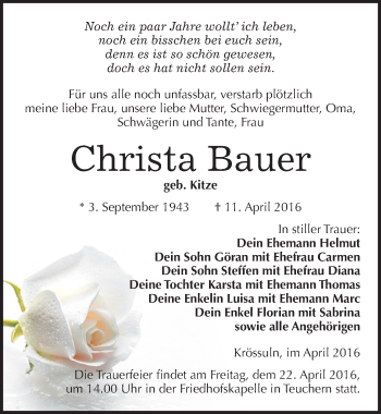 Traueranzeige von Christa Bauer von Mitteldeutsche Zeitung Weißenfels