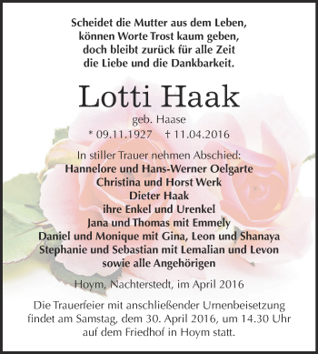 Traueranzeige von Lotti Haak von Super Sonntag Aschersleben