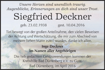 Traueranzeige von Siegfried Deckner von Super Sonntag Merseburg