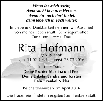 Traueranzeige von Rita Hofmann von Mitteldeutsche Zeitung Weißenfels