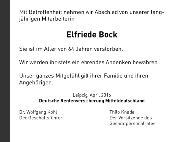 Traueranzeige von Elfriede Bock von Mitteldeutsche Zeitung Halle/Saalkreis