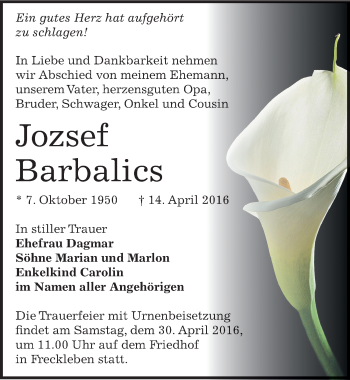Traueranzeige von Jozsef Barbalics von Mitteldeutsche Zeitung Aschersleben