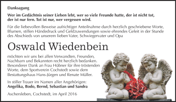 Traueranzeige von Oswald Wiedenbein von Super Sonntag Aschersleben