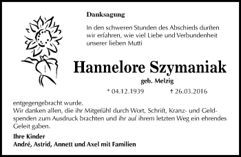 Traueranzeige von Hannelore Szymaniak von Mitteldeutsche Zeitung Dessau-Roßlau