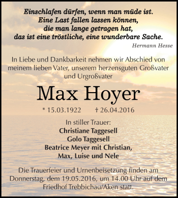 Traueranzeige von Max Hoyer von WVG - Wochenspiegel Dessau / Köthen