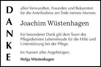 Traueranzeige von Joachim Wüstenhagen von WVG - Wochenspiegel Dessau / Köthen