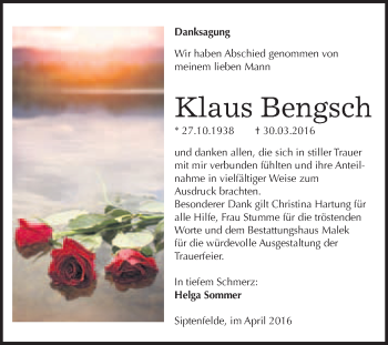 Traueranzeige von Klaus Bengsch von WVG - Wochenspiegel Quedlinburg