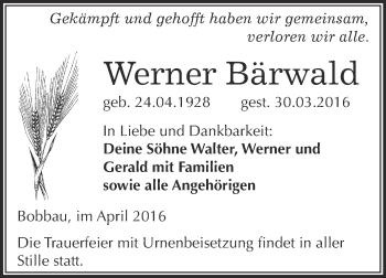Traueranzeige von Werner Bärwald von WVG - Wochenspiegel Bitterfeld