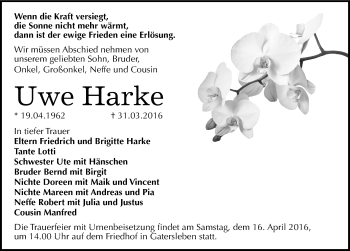 Traueranzeige von Uwe Harke von Mitteldeutsche Zeitung Aschersleben
