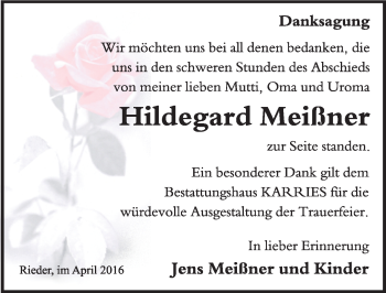 Traueranzeige von Hildegard Meißner von Mitteldeutsche Zeitung Quedlinburg