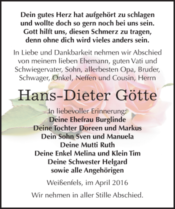 Traueranzeige von Hans-Dieter Götte von Mitteldeutsche Zeitung Weißenfels