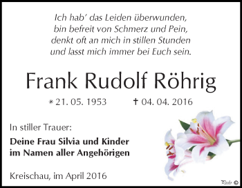 Traueranzeige von Frank Rudolf Röhrig von WVG - Wochenspiegel NMB / WSF / ZTZ