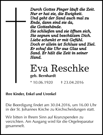 Traueranzeige von Eva Reschke von Mitteldeutsche Zeitung Naumburg/Nebra