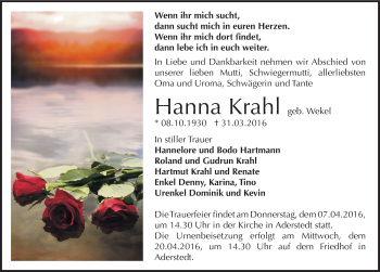 Traueranzeige von Hanna Krahl von Mitteldeutsche Zeitung Bernburg
