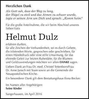 Traueranzeige von Helmut Dulz von Super Sonntag SGH Mansf. Land