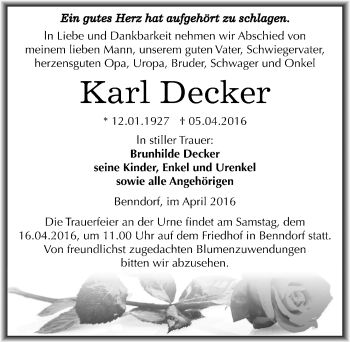 Traueranzeige von Karl Decker von Mitteldeutsche Zeitung Mansfelder Land