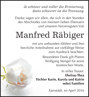 Traueranzeige von Manfred Räbiger von Mitteldeutsche Zeitung Merseburg/Querfurt