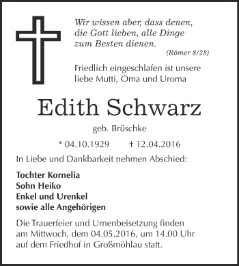 Traueranzeige von Edith Schwarz von WVG - Wochenspiegel Wittenberg