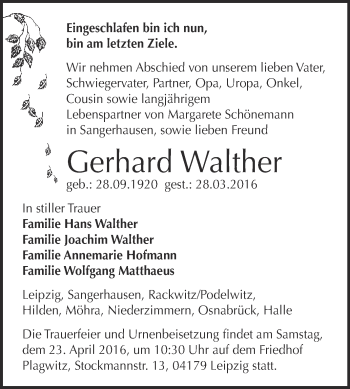 Traueranzeige von Gerhard Walther von Super Sonntag SGH Mansf. Land