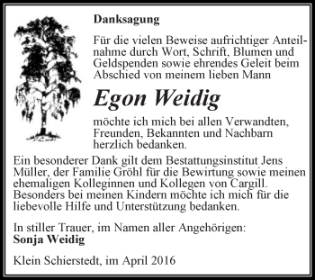 Traueranzeige von Egon Weidig von Super Sonntag Aschersleben
