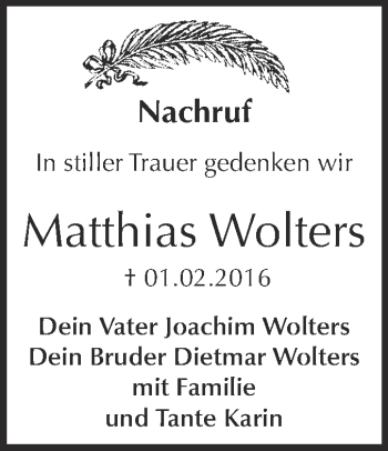 Traueranzeige von Matthias Wolters von WVG - Wochenspiegel Dessau / Köthen
