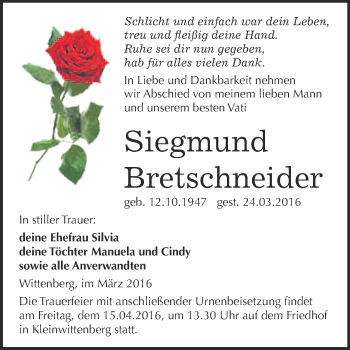 Traueranzeige von Siegmund Bretschneider von WVG - Wochenspiegel Wittenberg