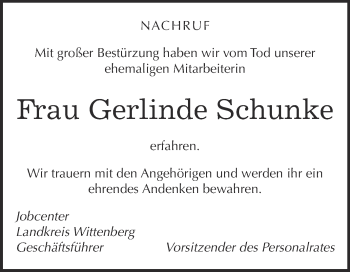 Traueranzeige von Gerlinde Schunke von Super Sonntag Wittenberg