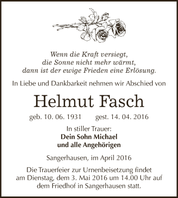 Traueranzeige von Helmut Fasch von Super Sonntag SGH Mansf. Land