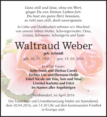 Traueranzeige von Waltraud Weber von Mitteldeutsche Zeitung Merseburg/Querfurt