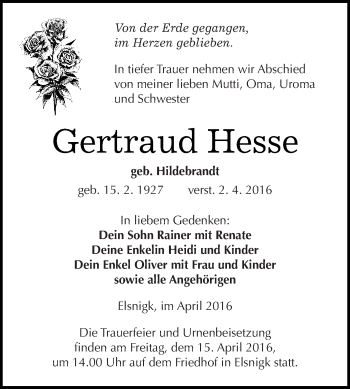 Traueranzeige von Gertraud Hesse von WVG - Wochenspiegel Dessau / Köthen
