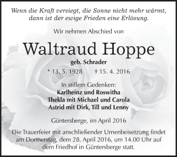 Traueranzeige von Waltraud Hoppe von WVG - Wochenspiegel Quedlinburg