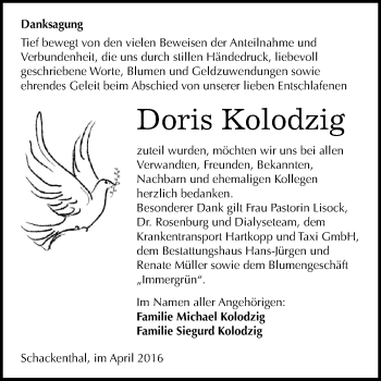 Traueranzeige von Doris Kolodzig von Super Sonntag Aschersleben