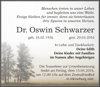 Traueranzeige von Oswin Schwarzer von Mitteldeutsche Zeitung Merseburg/Querfurt