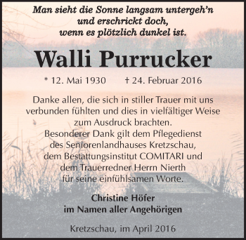 Traueranzeige von Walli Purrucker von Mitteldeutsche Zeitung Zeitz