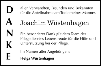Traueranzeige von Joachim Wüstenhagen von Mitteldeutsche Zeitung Dessau-Roßlau
