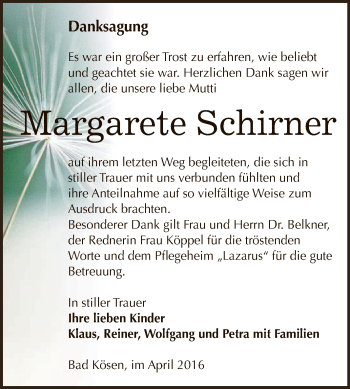Traueranzeige von Margarete Schirner von WVG - Wochenspiegel NMB / WSF / ZTZ