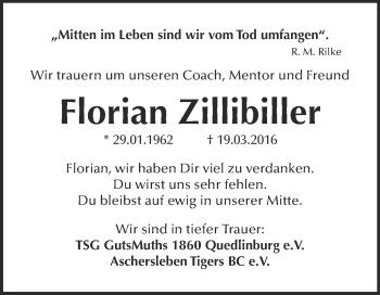 Traueranzeige von Florian Zillibiller von Super Sonntag Quedlinburg