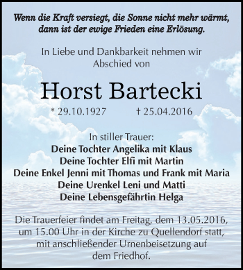 Traueranzeige von Horst Bartecki von WVG - Wochenspiegel Dessau / Köthen