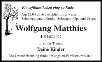 Traueranzeige von Wolfgang Matthies von WVG - Wochenspiegel Dessau / Köthen