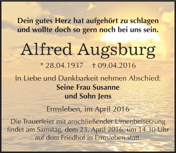 Traueranzeige von Alfred Augsburg von Mitteldeutsche Zeitung Quedlinburg
